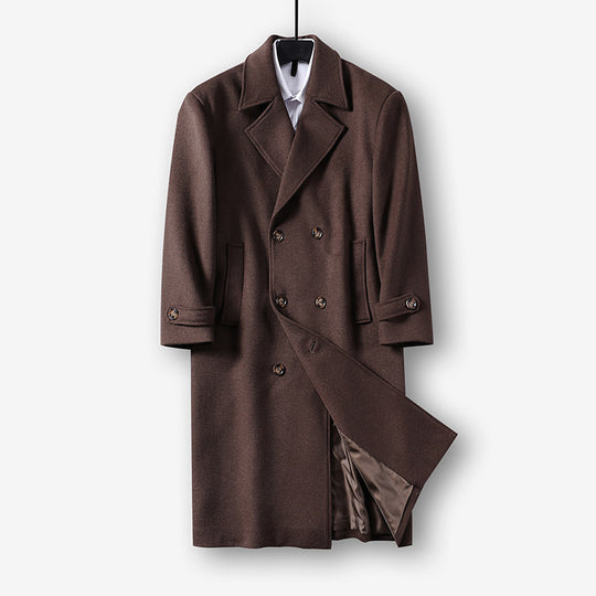 Herren Langer Doppelreihiger Wollmantel mit minimalistischer Silhouette und Schalkragen Nord Taschen
