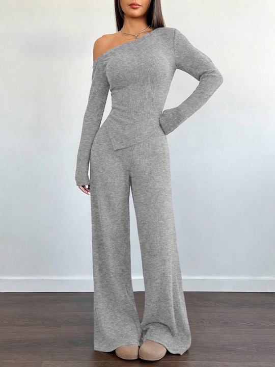 Damen Asymmetrisches Strick-Lounge-Set mit One-Shoulder-Oberteil und weitem Bein Nord Taschen