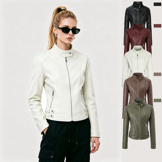 Damen Taillierte Kunstleder-Bikerjacke mit Stehkragen, vertikalen Ziernähten und seitlichen Schnallengurten Nord Taschen