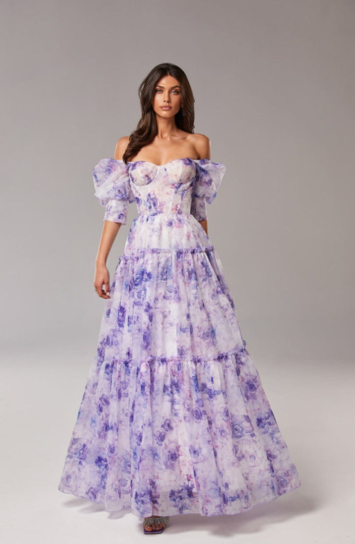 Damen Elegantes Maxikleid mit schulterfreien Rüschenärmeln und floralen Akzenten