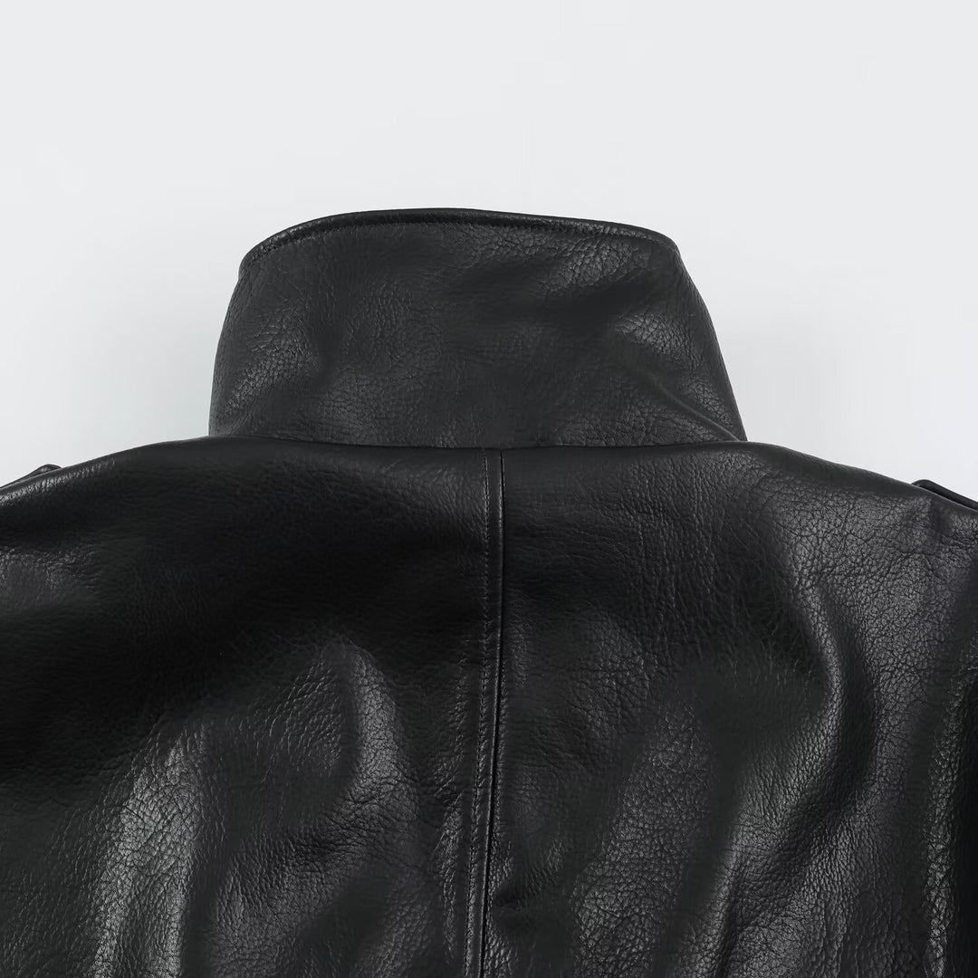 Herren Biker-Lederjacke mit hohem Stehkragen, Schulterklappen und Taillengürtel Nord Taschen