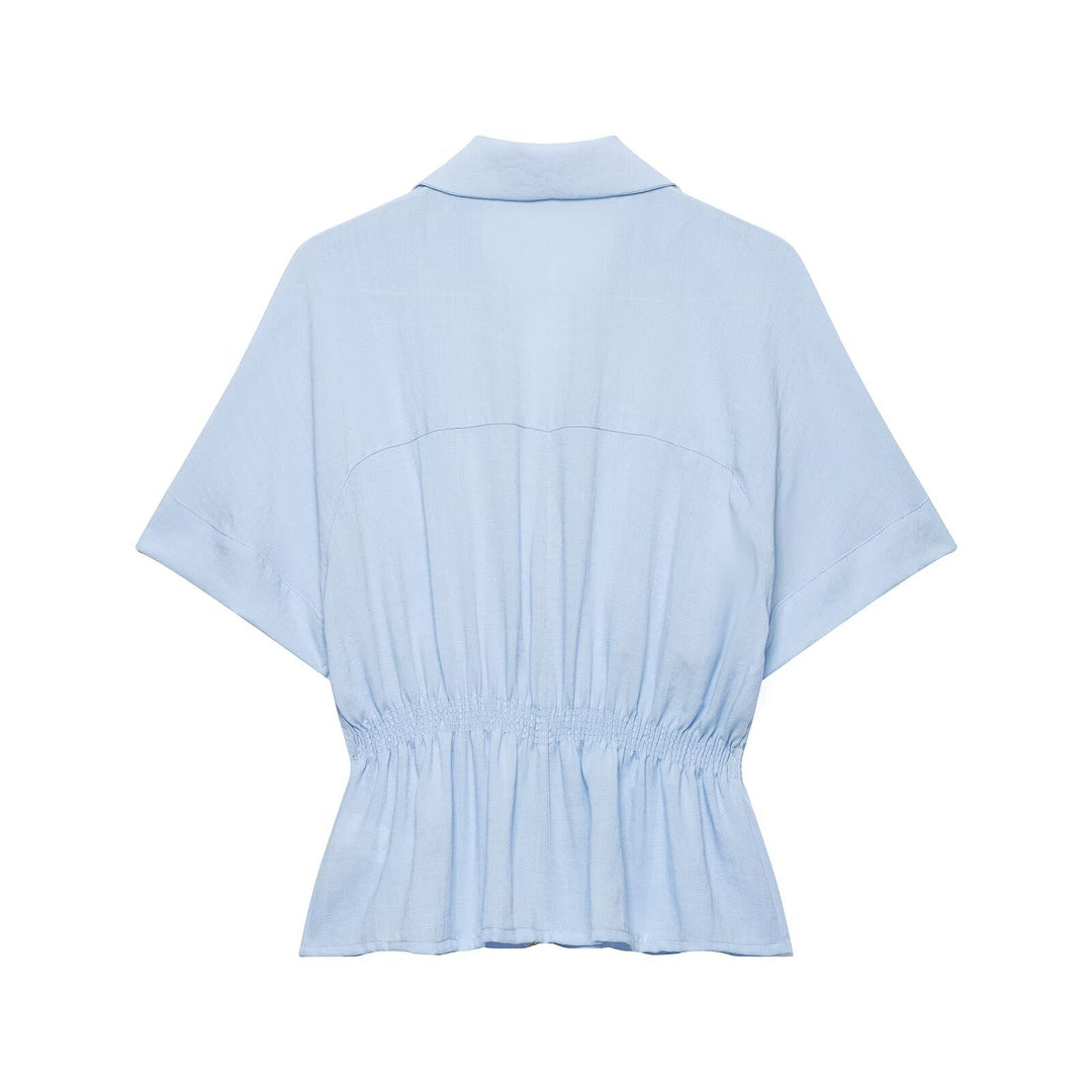 Damen Kurzärmelige Taillierte Blusenjacke mit Reißverschluss und Brustklappen Nord Taschen