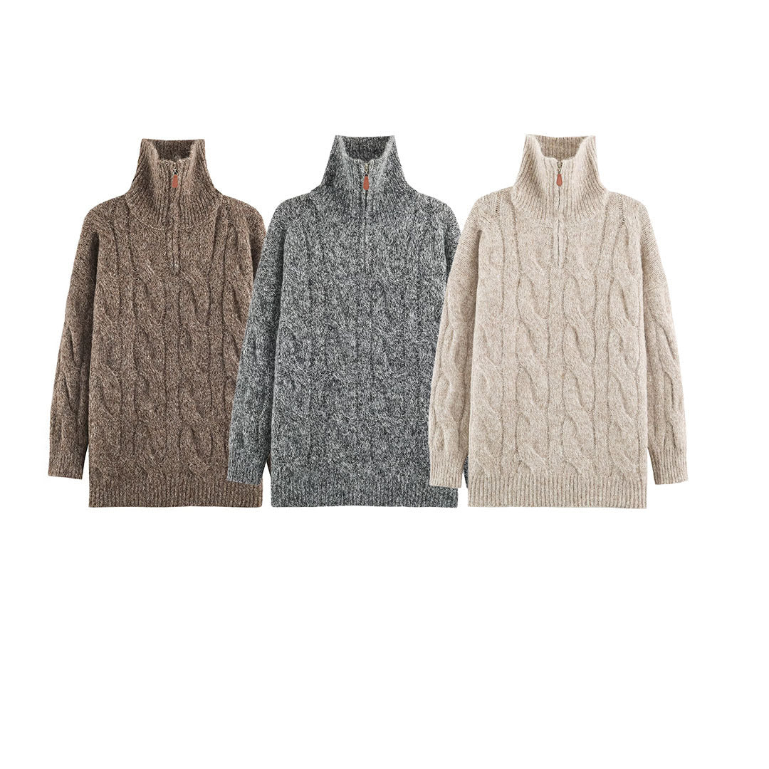 Damen Grobgestrickter Longpullover mit Zopfmuster und halbhohem Reißverschlusskragen Nord Taschen