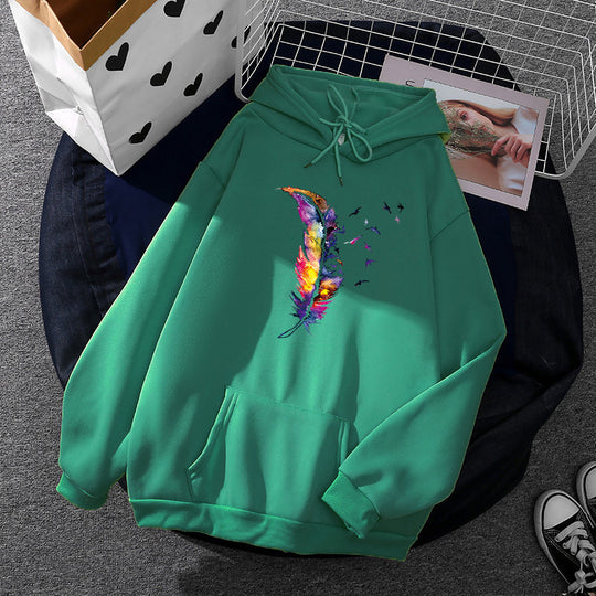 Damen nan Kapuzenpullover mit künstlerischem Aquarell‑Federmotiv, Oversize‑Schnitt und Kängurutasche Nord Taschen