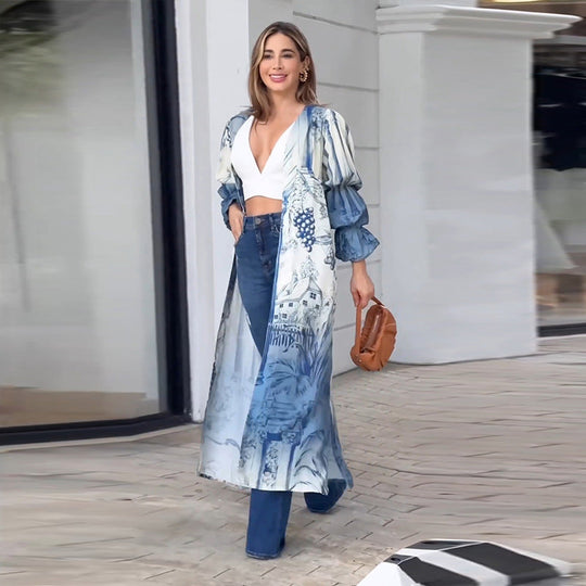 Damen Kimono mit floralem Muster und lässigen Volantärmeln Nord Taschen