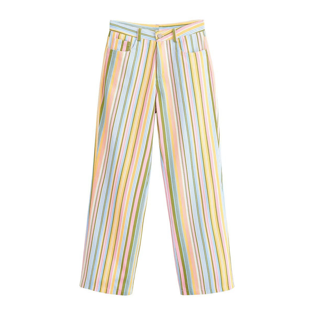 Damen Gestreifte Highwaist-Hose mit weitem Bein und Five-Pocket-Schnitt Nord Taschen