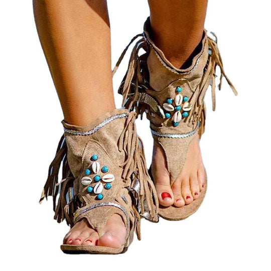 Damen Freizeitsandalen mit Fransen und detailreicher Dekoration