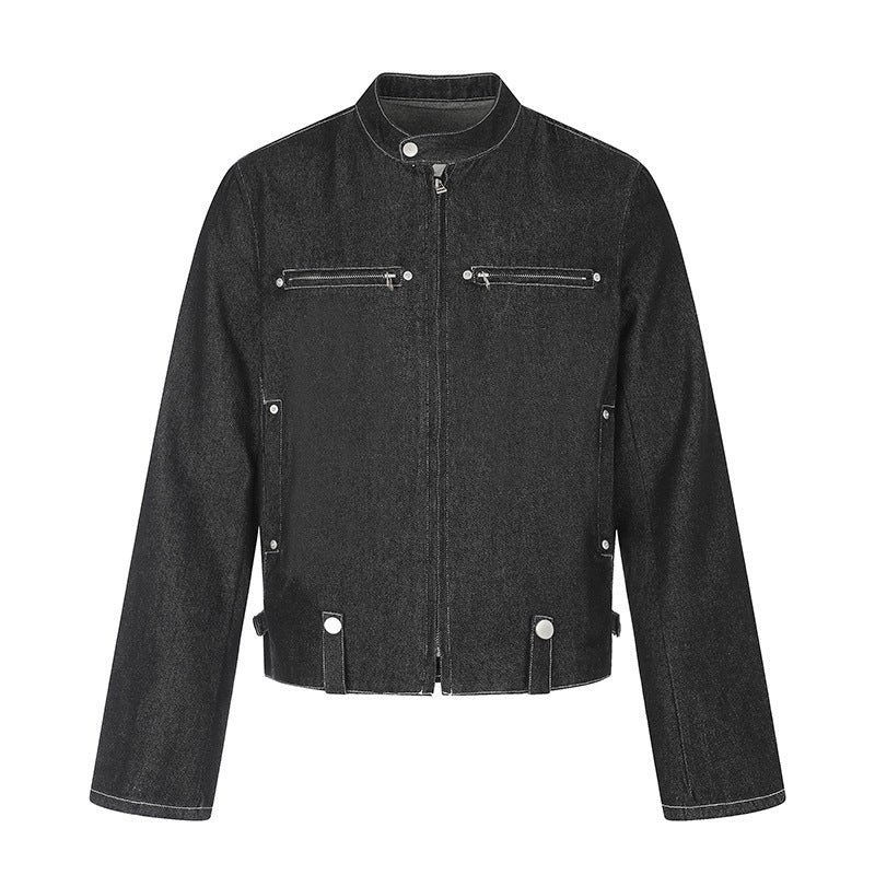 Damen kurze Denim-Bikerjacke mit Stehkragen, Reißverschluss und Druckknopfdetails Nord Taschen