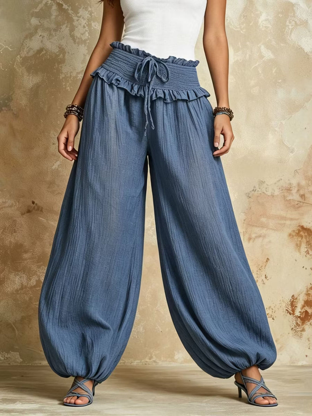 Damen Weite Haremshose mit gerafftem Smock-Bund und elastischen Knöchelabschlüssen Nord Taschen
