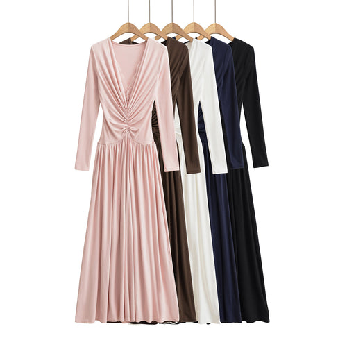 Damen Maxikleid mit gerafftem Wickeloberteil, tiefem V‑Ausschnitt und Spitzenbesatz Nord Taschen