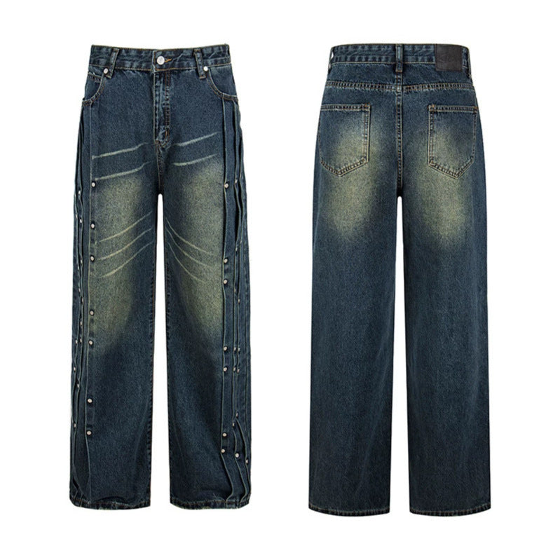 Damen Weite Denim-Jeans mit Druckknopf-Seitenleisten, hoher Taille und Used-Waschung Nord Taschen