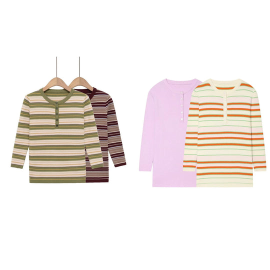 Damen Gestreiftes Rippstrick-Henleyshirt mit Knopfleiste und schmaler Passform Nord Taschen