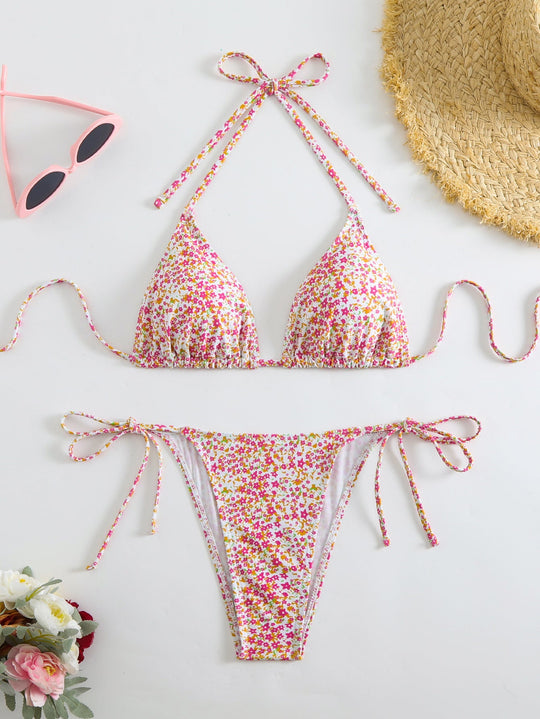 Damen Triangel-Bikini mit liNord Taschenevollem Blumenmuster und verstellbaren Trägern