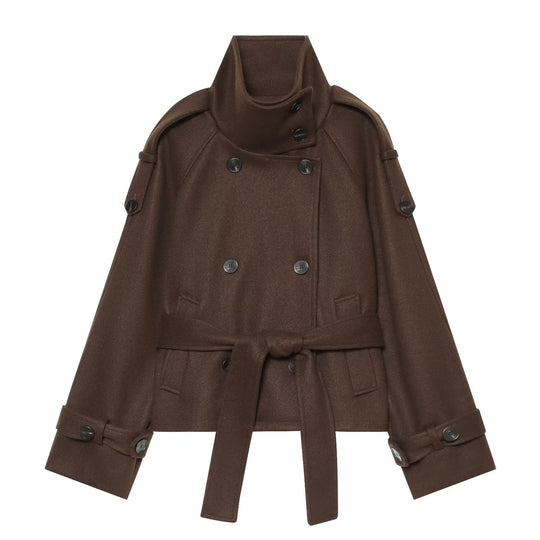 Damen Kurze Capejacke aus Wollmix mit hohem Stehkragen, Doppelreihe und Bindegürtel Nord Taschen