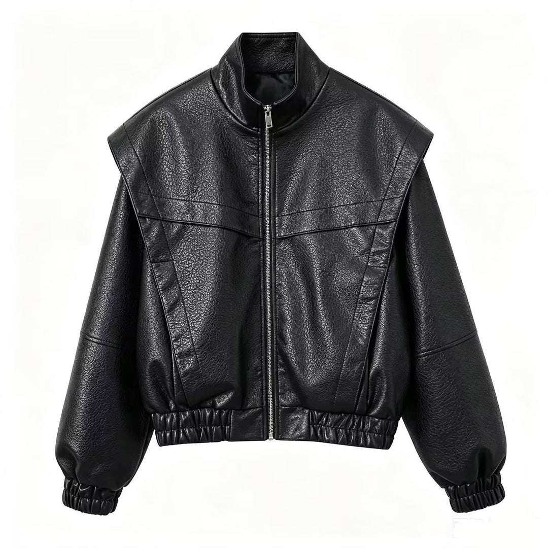 Damen Cropped Jacke im futuristischen Biker-Look aus veganer Lederoptik mit hohem Stehkragen und elastischem Saum Nord Taschen
