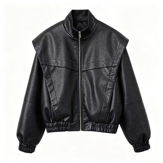 Damen Cropped Jacke im futuristischen Biker-Look aus veganer Lederoptik mit hohem Stehkragen und elastischem Saum Nord Taschen