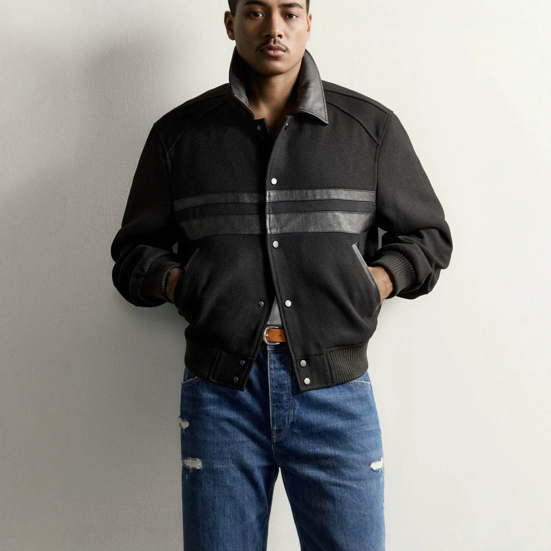 Herren Kurzblouson im Vintage-Bomberstil mit kontrastierendem Lederbesatz und Rippbündchen Nord Taschen