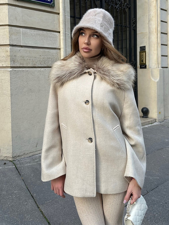 Damen Kurzmantel mit Webpelz-Schalkragen & kastiger Oversize-Silhouette Nord Taschen