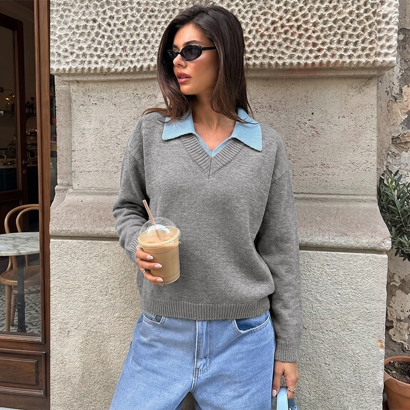 Damen Feinstrick-Polo-Pullover mit kontrastierendem Hemdkragen und V-Ausschnitt Nord Taschen