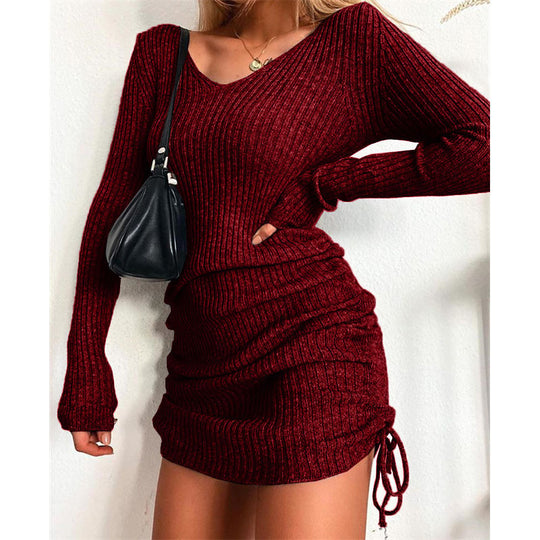 Damen Figurbetontes Rippstrick-Minikleid mit langen Ärmeln und seitlicher Raffung Nord Taschen