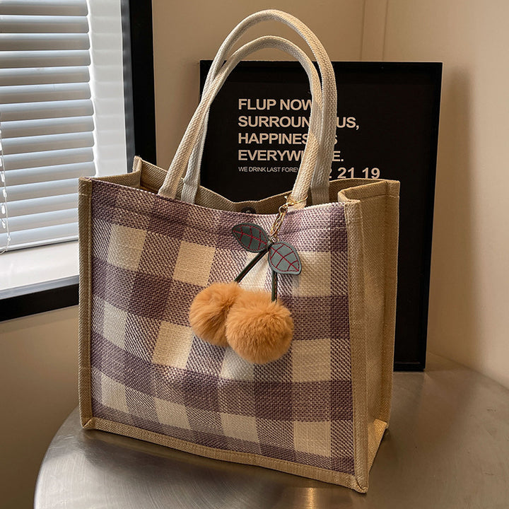 Damen Shopper-Tasche mit kariertem Design und verspielten Pompons Nord Taschen