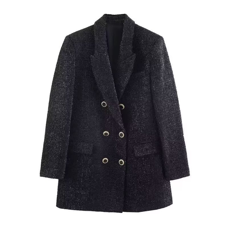 Damen Doppelreihiger Bouclé-Mantelblazer mit Reverskragen und dekorativen Metallösen Nord Taschen