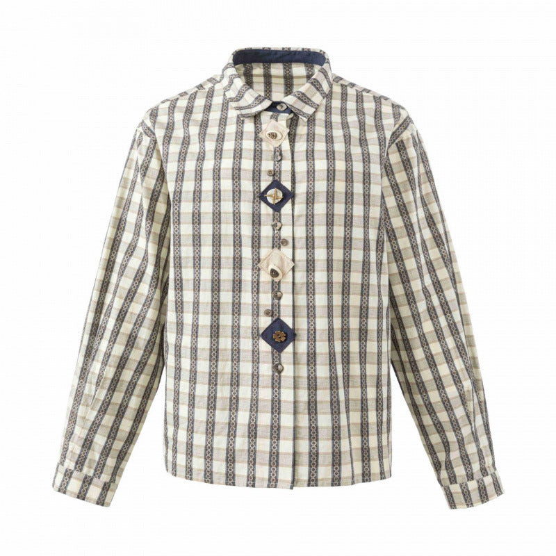 Damen Kastige Hemdjacke mit geometrischem Karomuster und dekorativer Knopfleiste Nord Taschen