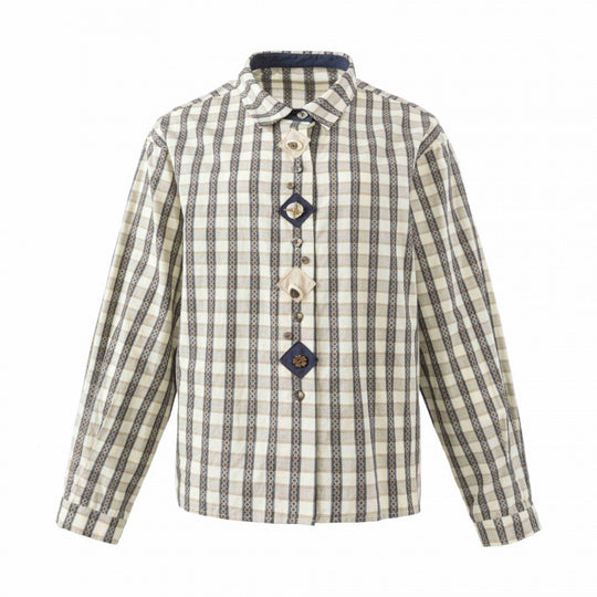 Damen Kastige Hemdjacke mit geometrischem Karomuster und dekorativer Knopfleiste Nord Taschen