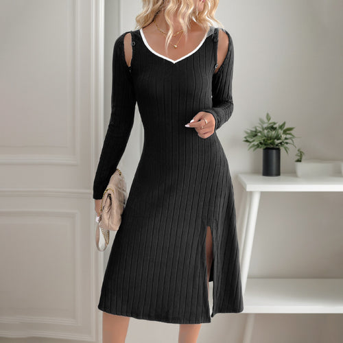 Damen Midikleid aus geripptem Feinstrick mit V-Ausschnitt, Schulter-Cutouts und seitlichem Schlitz Nord Taschen