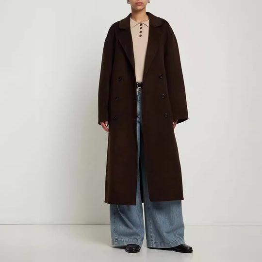Damen Oversize Zweireihiger Longcoat mit fallender Schultersilhouette und goldenen Zierknöpfen Nord Taschen