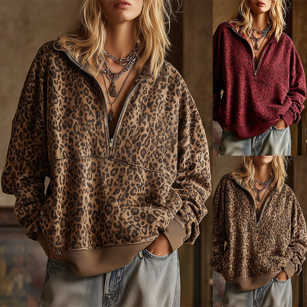 Damen Oversize Sweatshirt mit halbem Reißverschluss und Leo-Print Nord Taschen