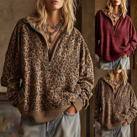 Damen Oversize Sweatshirt mit halbem Reißverschluss und Leo-Print Nord Taschen