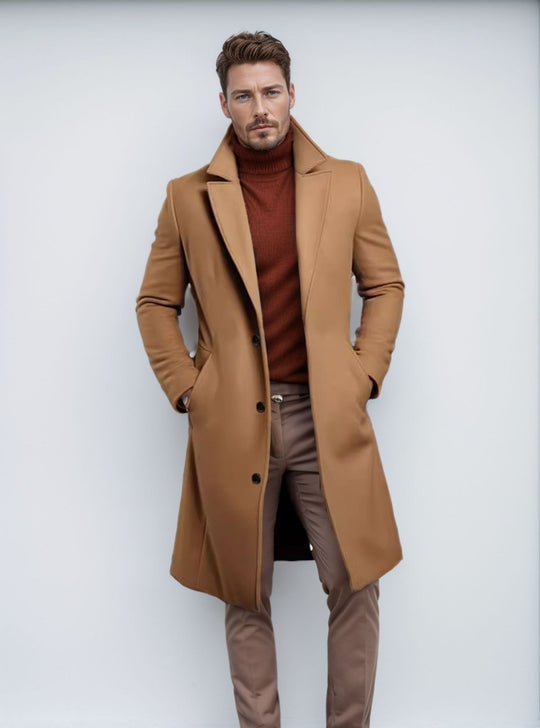 Herren langer Wollmixmantel mit Boucléstruktur, taillierter Silhouette und klassischem Revers Nord Taschen