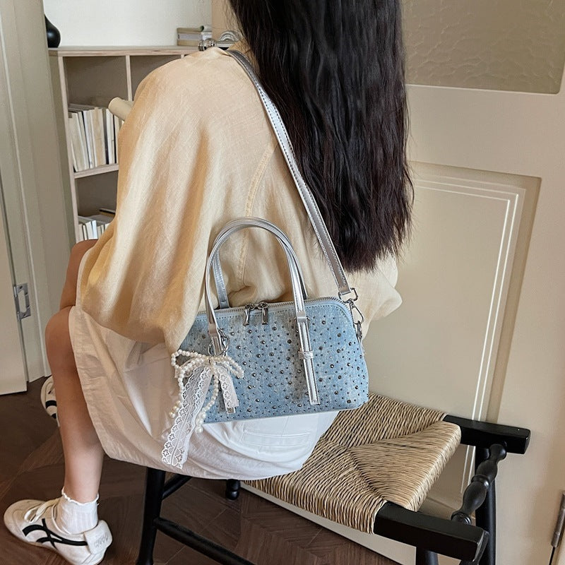 Damen Denim Handtasche mit Perlen- und Spitzenakzenten Nord Taschen