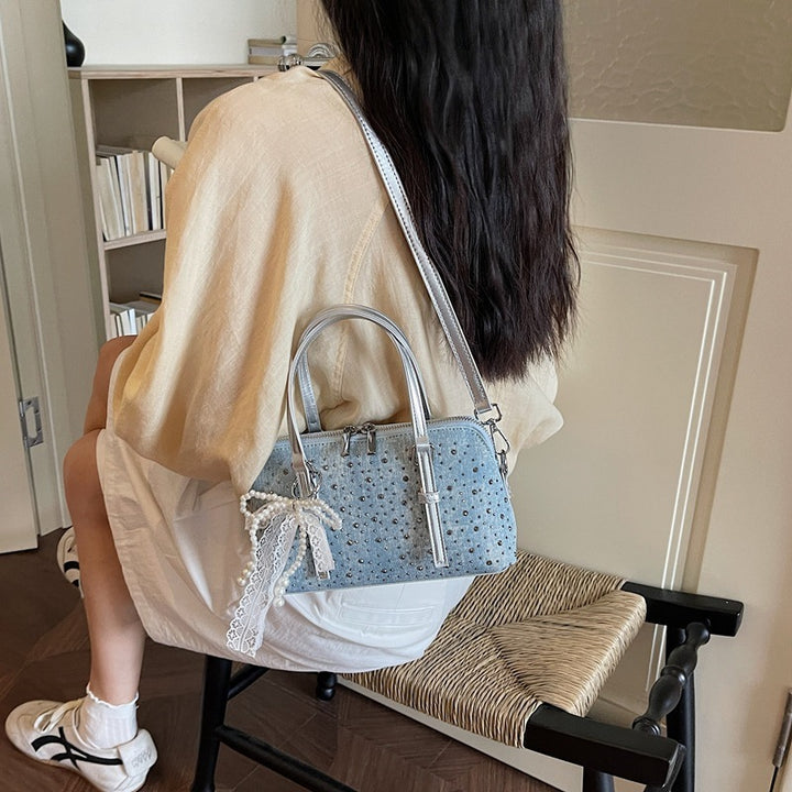 Damen Denim Handtasche mit Perlen- und Spitzenakzenten Nord Taschen