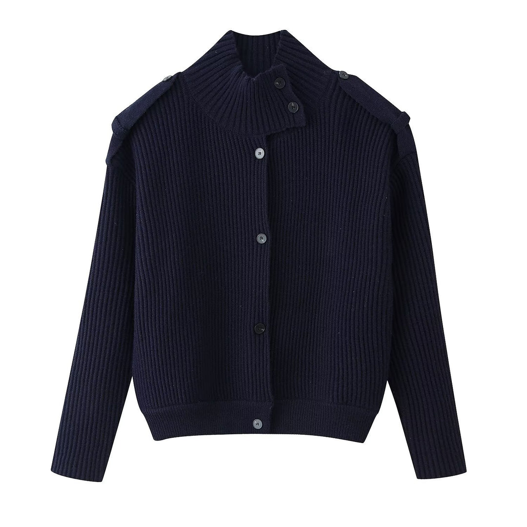 Damen Strukturstrick-Cardigan mit Stehkragen, Knopfleiste und Schulterpatten Nord Taschen