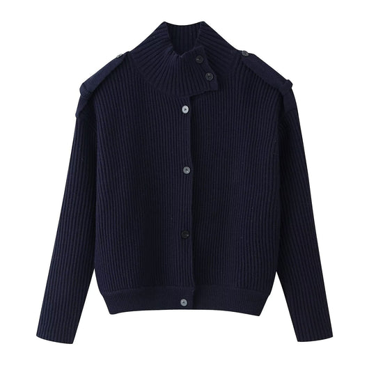 Damen Strukturstrick-Cardigan mit Stehkragen, Knopfleiste und Schulterpatten Nord Taschen