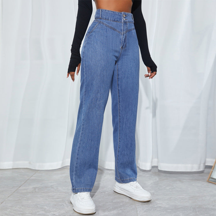 Damen hochtaillierte gerade geschnittene Jeanshose mit V-förmigem Bund und weitem Bein Nord Taschen