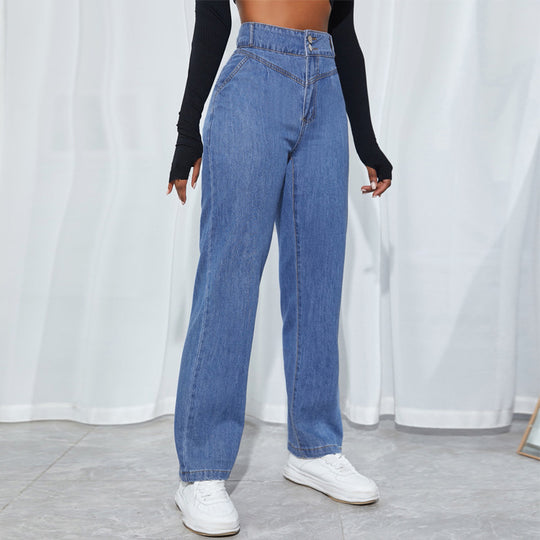 Damen hochtaillierte gerade geschnittene Jeanshose mit V-förmigem Bund und weitem Bein Nord Taschen