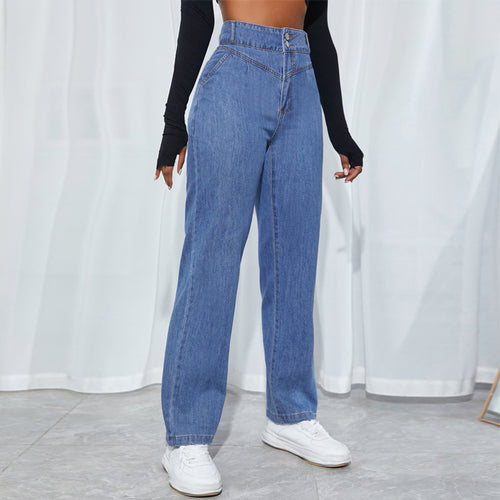 Damen hochtaillierte gerade geschnittene Jeanshose mit V-förmigem Bund und weitem Bein Nord Taschen