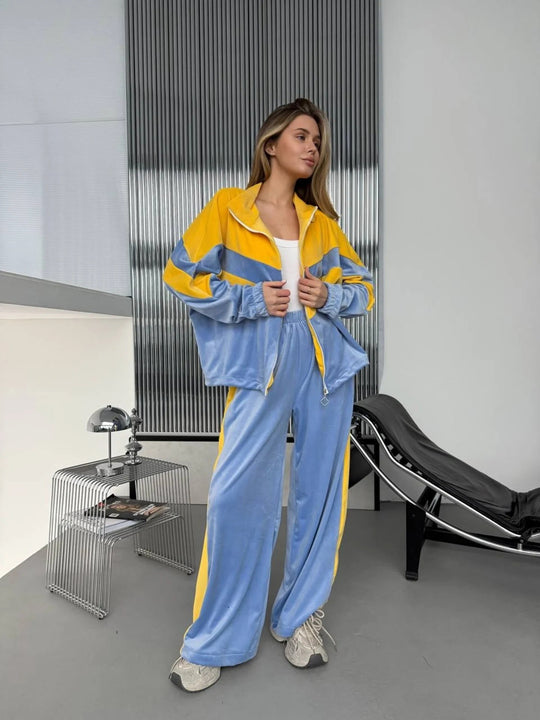 Damen Retro-inspiriertes Samt-Trackset mit Chevron-Design, Stehkragen und weiter High-Waist-Jogger Nord Taschen