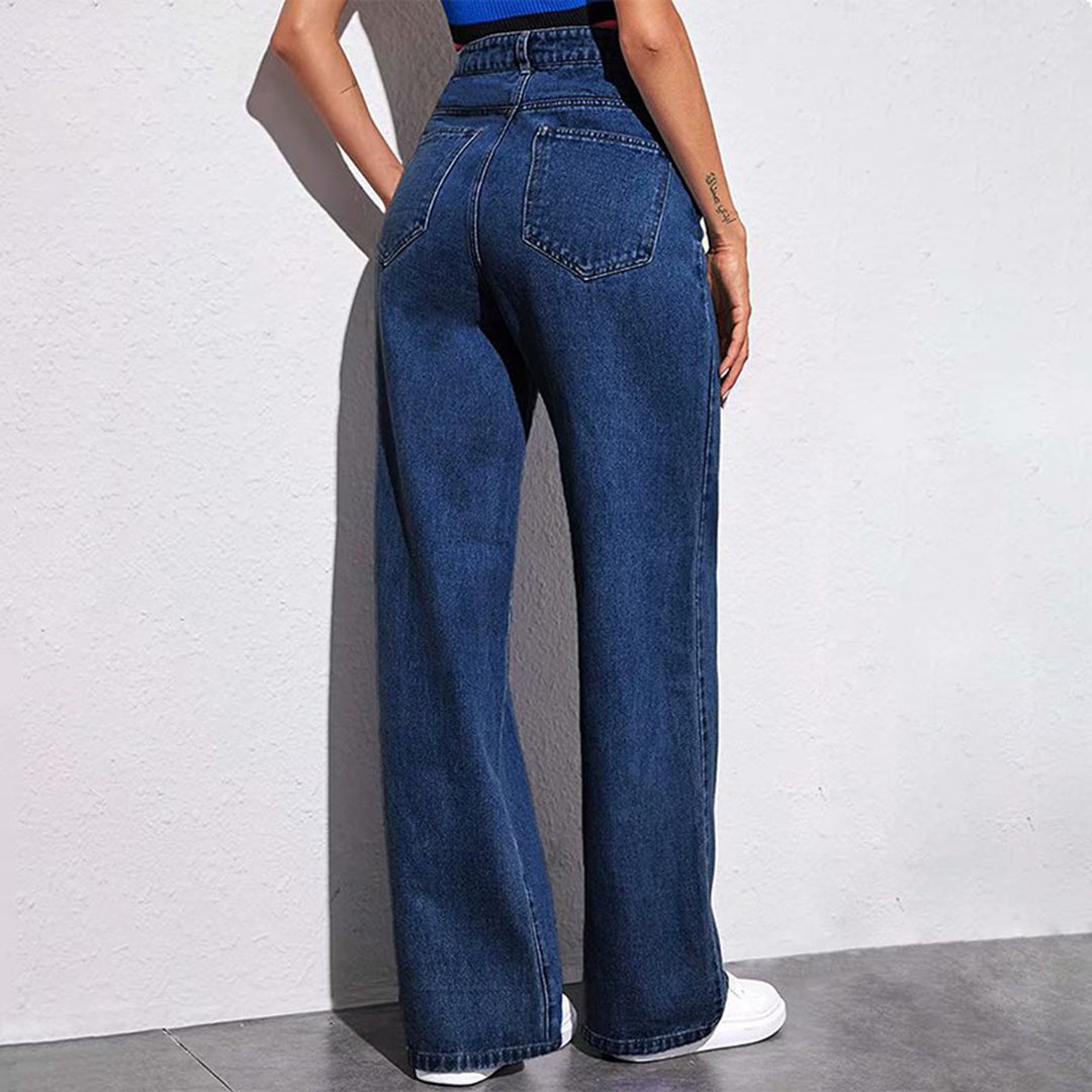 Damen hochgeschnittene weite Denim-Hose mit extra weitem Bein und taillierendem Bund Nord Taschen