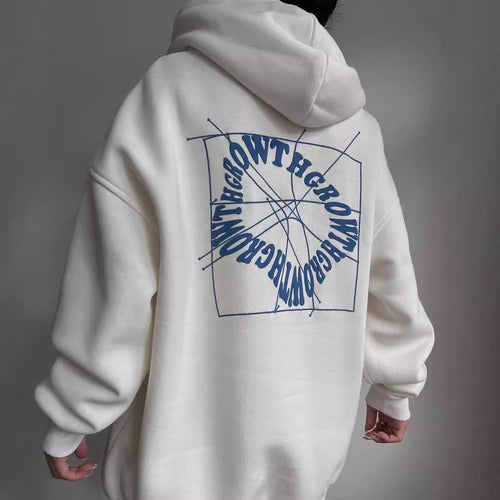 Damen Oversized Kapuzenpullover mit abstraktem Rückenprint und gerippten Bündchen Nord Taschen