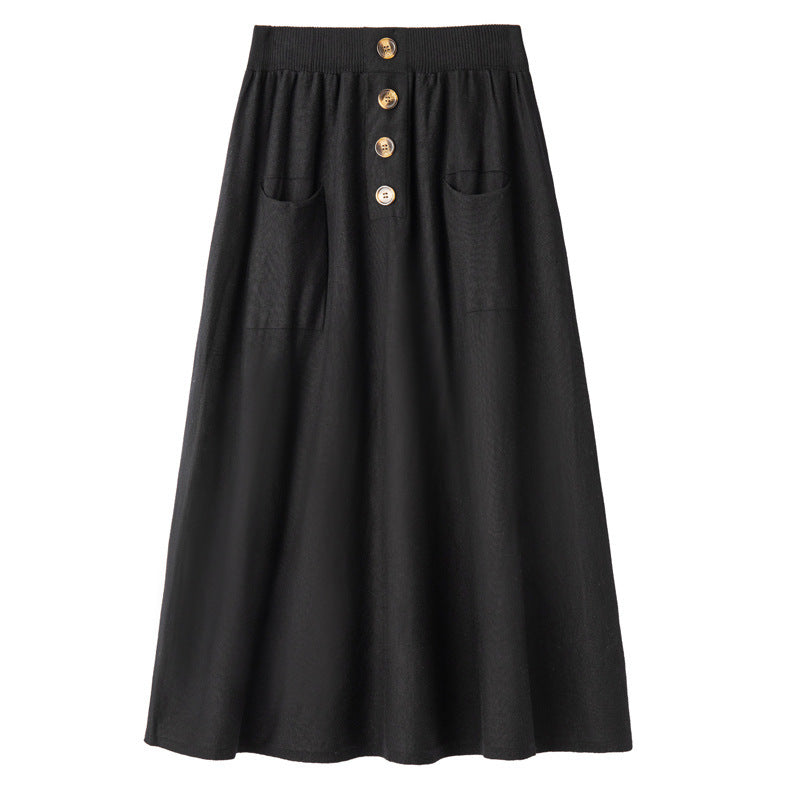 Damen Midirock aus Wollmix mit A‑Linie, elastischem Rippbund, Zierriegel‑Knopfleiste und aufgesetzten Taschen Nord Taschen