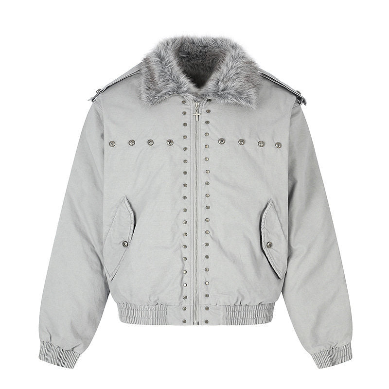 Damen wattierte Bomberjacke mit Kunstfellkragen, Nietenapplikation und Schulterklappen Nord Taschen