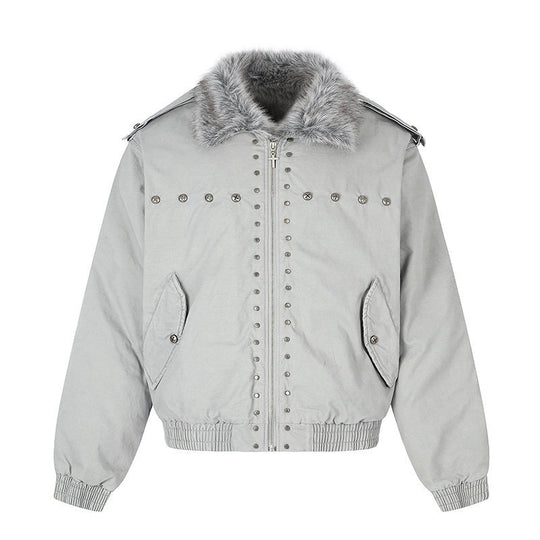 Damen wattierte Bomberjacke mit Kunstfellkragen, Nietenapplikation und Schulterklappen Nord Taschen