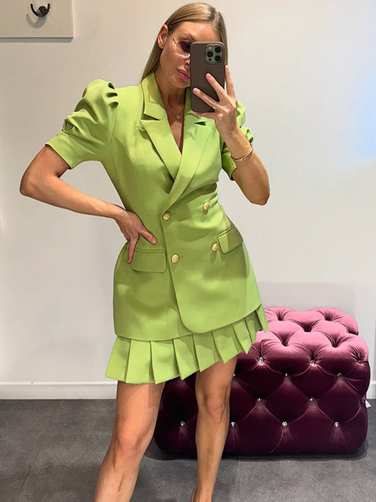 Damen Doppelreihiges Blazerkleid mit Puffärmeln und plissiertem Saum Nord Taschen