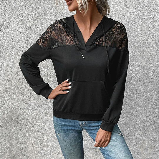 Damen Kapuzenpullover mit Spitzen‑Einsatz und V‑Ausschnitt Nord Taschen