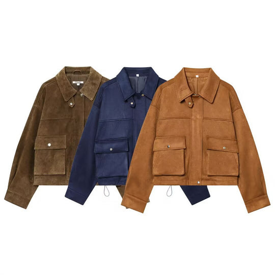 Damen Kurz geschnittene Boxy‑Veloursblousonjacke mit Pattentaschen und verdeckter Druckknopfleiste Nord Taschen