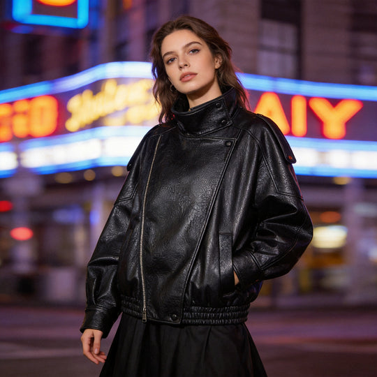 Damen Kunstleder-Crossoverjacke im Blouson-Schnitt mit hohem Stehkragen Nord Taschen